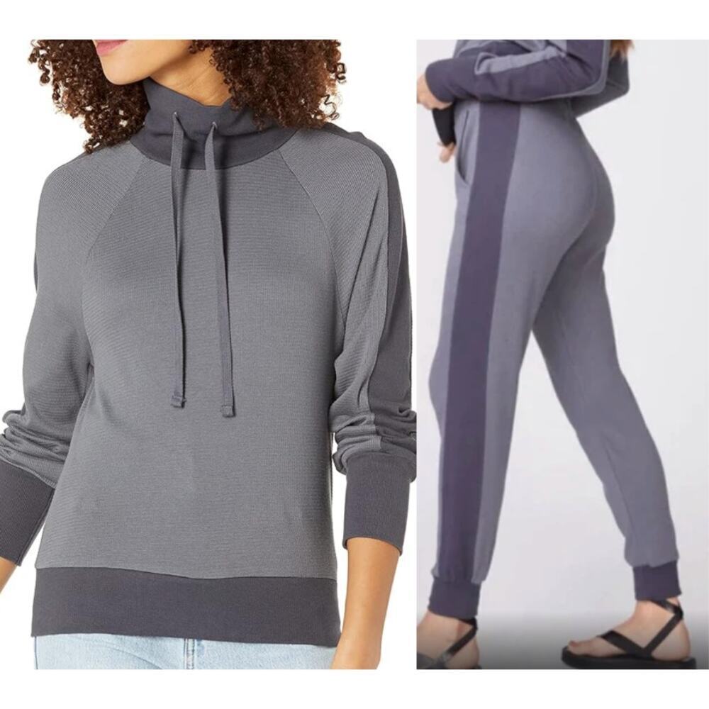 Monrow Lounge Set Thermal Jogger and Funnel Neck Sweatshirt In Grey XS/SM